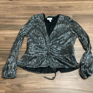 Sofia Metallic Peplum Cinch Waist Shimmer Top Size XXL Black Silver Balloon Slee